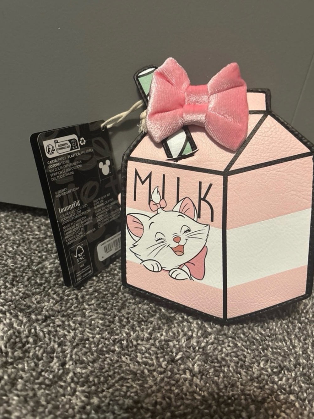 Loungefly Pink Cat Milk Carton Luggage Tag with Velvet Bow Accent